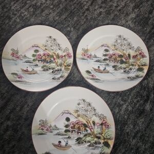 3 Vintage Japanese Side Plate 6" Handpainted Japanese mountain scene